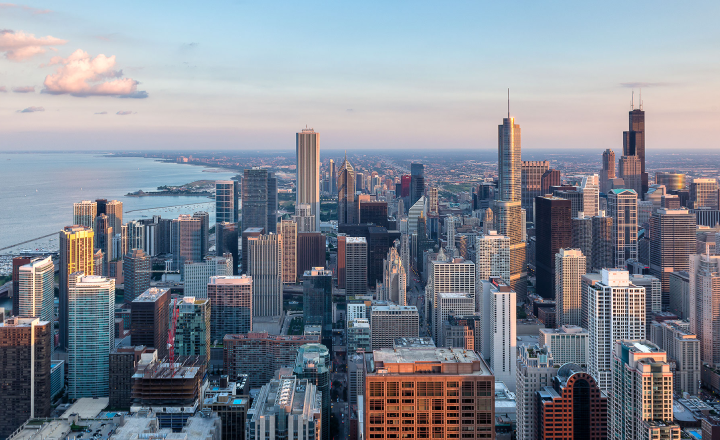 A picture of the Chicago skyline with Lake Michigan on the left